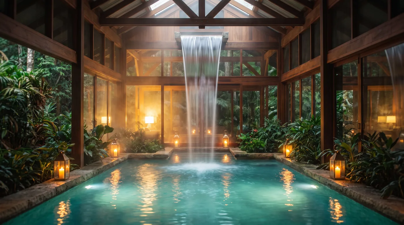 The interior waterfall and lagoon at Casa Cascada